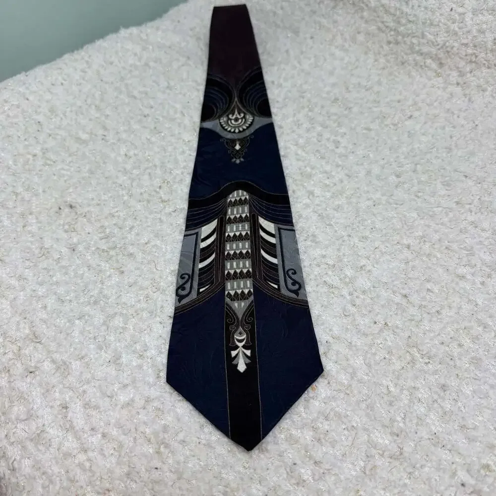 Gianfranco Ruffini 100% Italian Silk Tie Geometric Art Deco Pattern Navy Blue